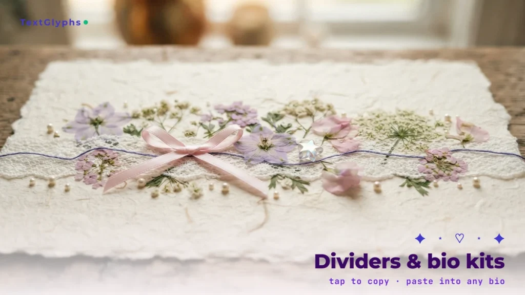 Lace and pressed-flower divider illustrating divider symbols and bio kits to copy and paste