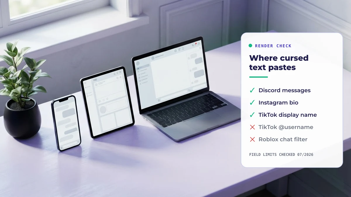 Where cursed text works — Discord messages, Instagram bio and TikTok display name versus TikTok username and Roblox