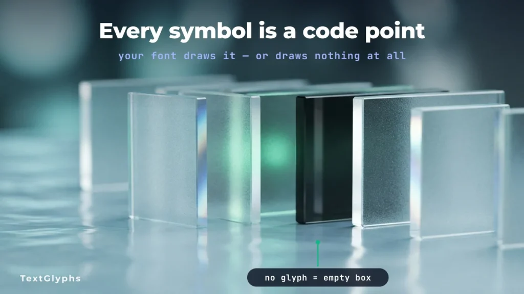 Glass chips showing that every text symbol is a Unicode code point, and an unlit one showing an empty box