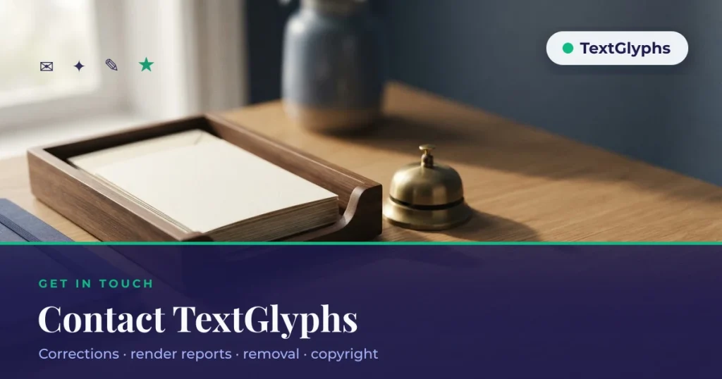 Contact TextGlyphs by email for text symbol corrections, removals and copyright