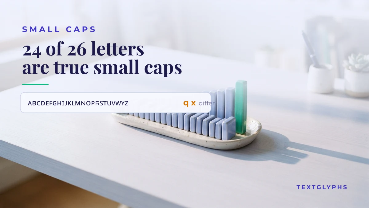 Small caps generator coverage: 24 of 26 letters are true small caps, q and x differ