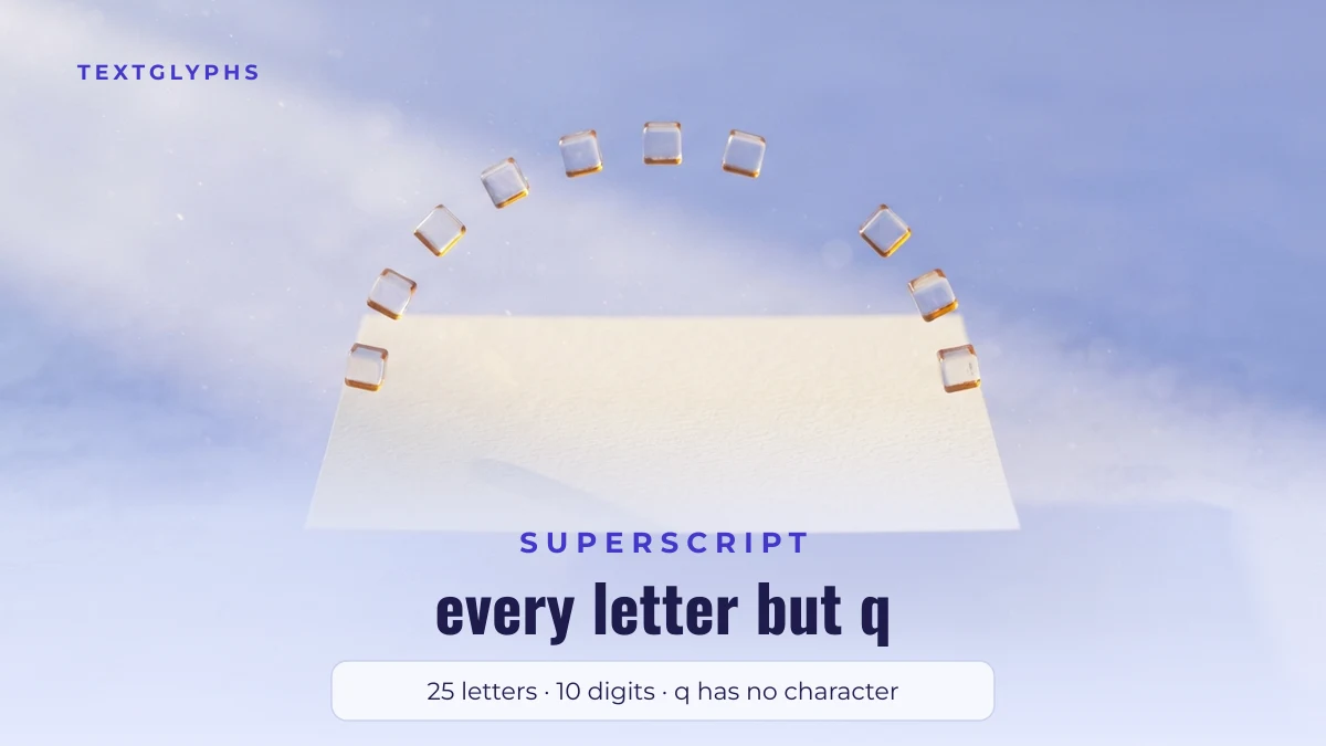Superscript generator coverage: 25 letters and 10 digits, q has no character