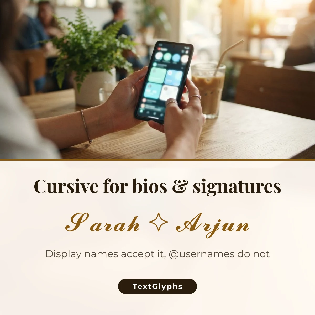 Cursive text for an Instagram bio or signature, such as a name in bold script