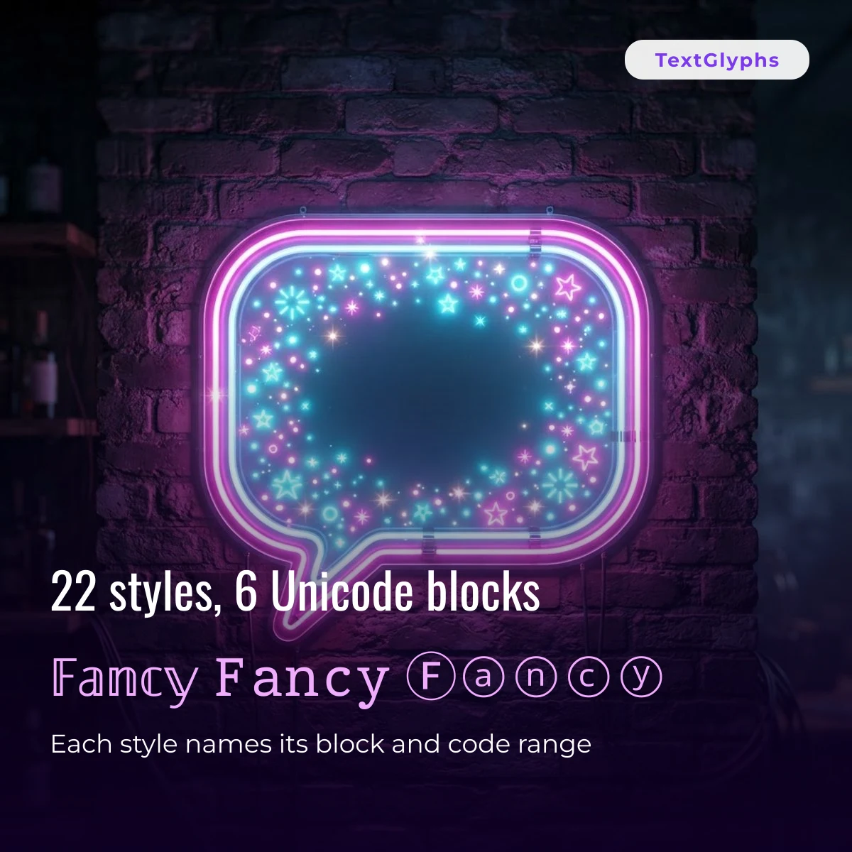 Fancy text styles grouped by Unicode block and code point range